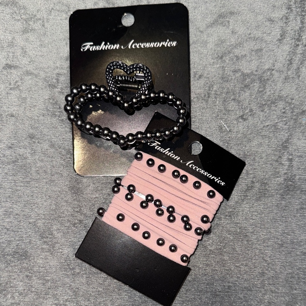 Black Metallic Pearl Hair Claw and Pink Hair Ties Set NWT